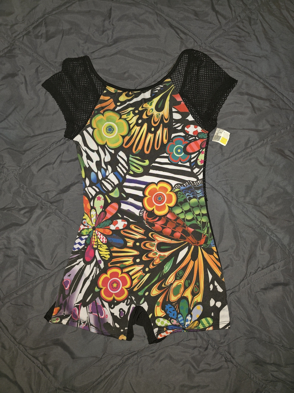 Multicolor Floral Print Romper with Black Mesh Sleeves